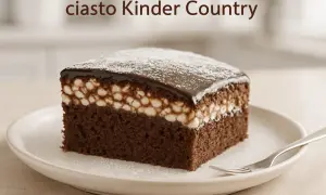 Pyszne ciasto Kinder Country na dużą blachę, z czekoladowym biszkoptem, kremem i polewą.