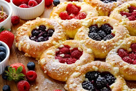 Pyszne drożdżówki z jeżynami, malinami i truskawkami, posypane cukrem pudrem.