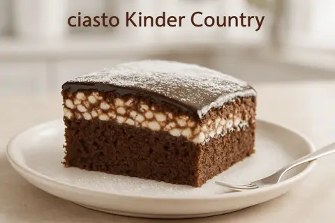 Pyszne ciasto Kinder Country na dużą blachę, z czekoladowym biszkoptem, kremem i polewą.