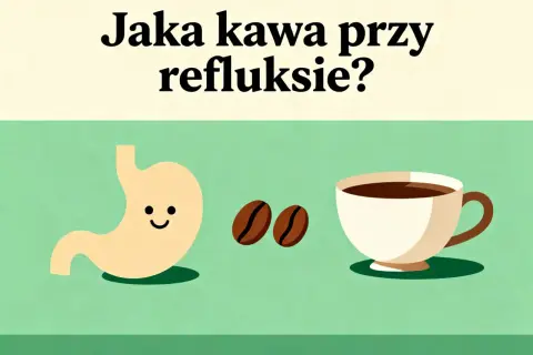 Uśmiechnięty żołądek, ziarna kawy i filiżanka kawy na zielonym tle.