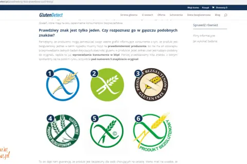 Sześć symboli certyfikatu "bezglutenowy", w tym jeden z przekreślonym kłosem.