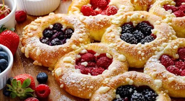 Pyszne drożdżówki z jeżynami, malinami i truskawkami, posypane cukrem pudrem.