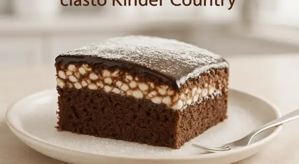 Pyszne ciasto Kinder Country na dużą blachę, z czekoladowym biszkoptem, kremem i polewą.