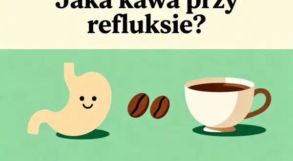 Uśmiechnięty żołądek, ziarna kawy i filiżanka kawy na zielonym tle.