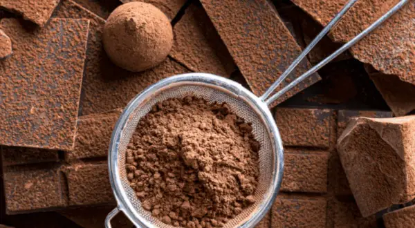 Szlachetne kakaowe do wyrobu czekolady. Wsypane do sitka, otoczone kawałkami gorzkiej czekolady i jedną praliną.