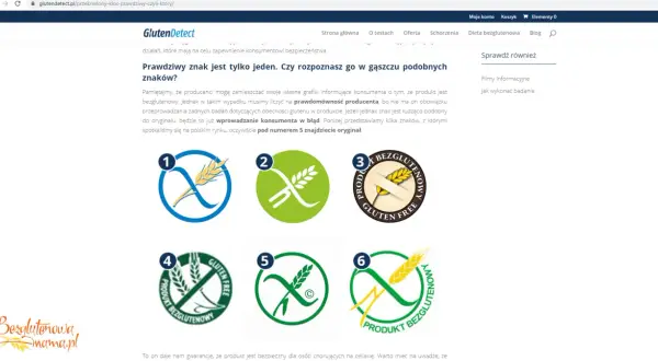 Sześć symboli certyfikatu "bezglutenowy", w tym jeden z przekreślonym kłosem.
