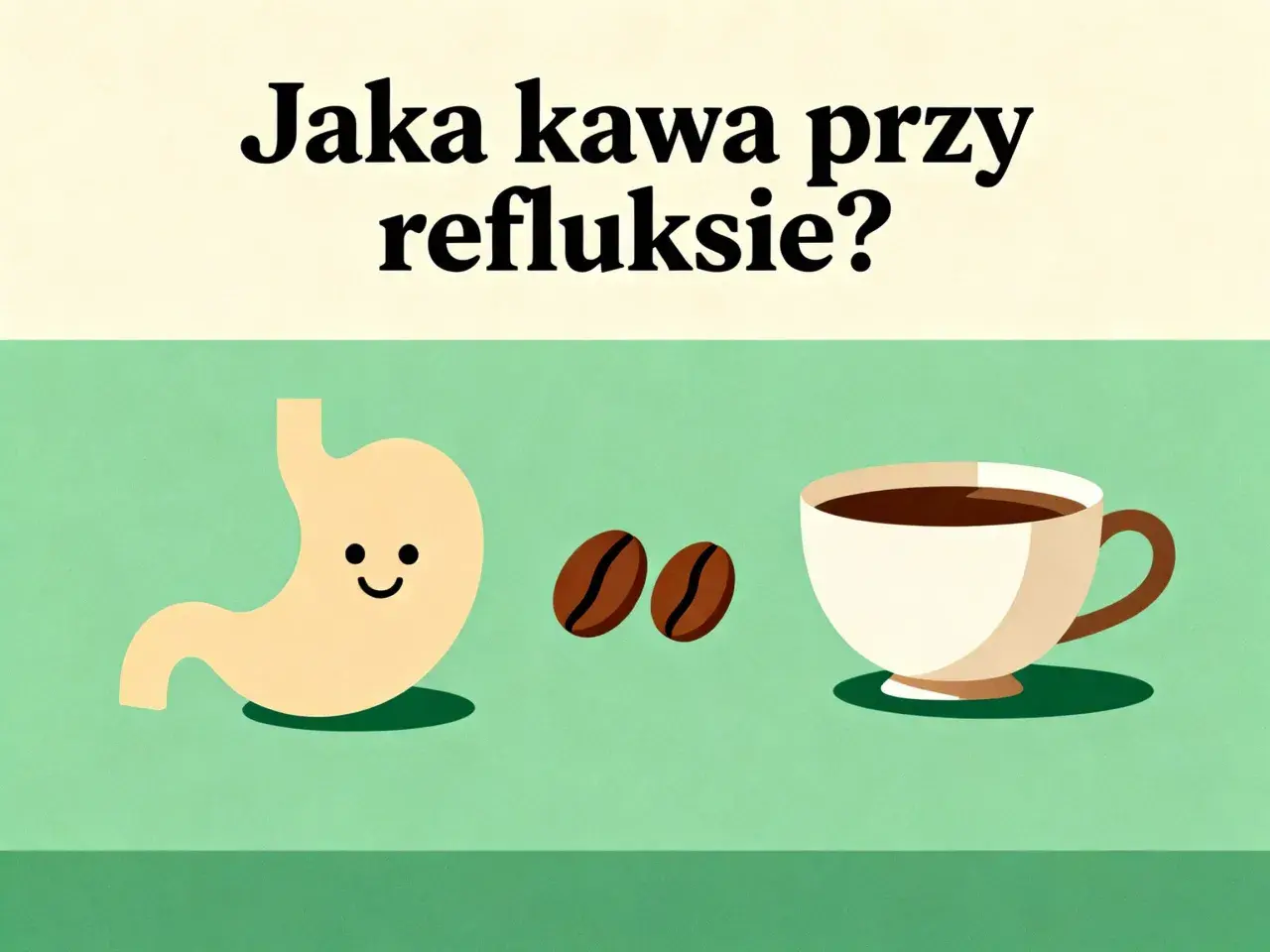 Uśmiechnięty żołądek, ziarna kawy i filiżanka kawy na zielonym tle.