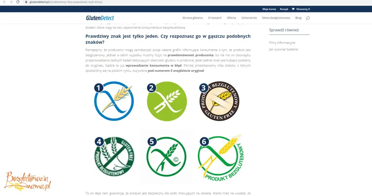 Sześć symboli certyfikatu "bezglutenowy", w tym jeden z przekreślonym kłosem.