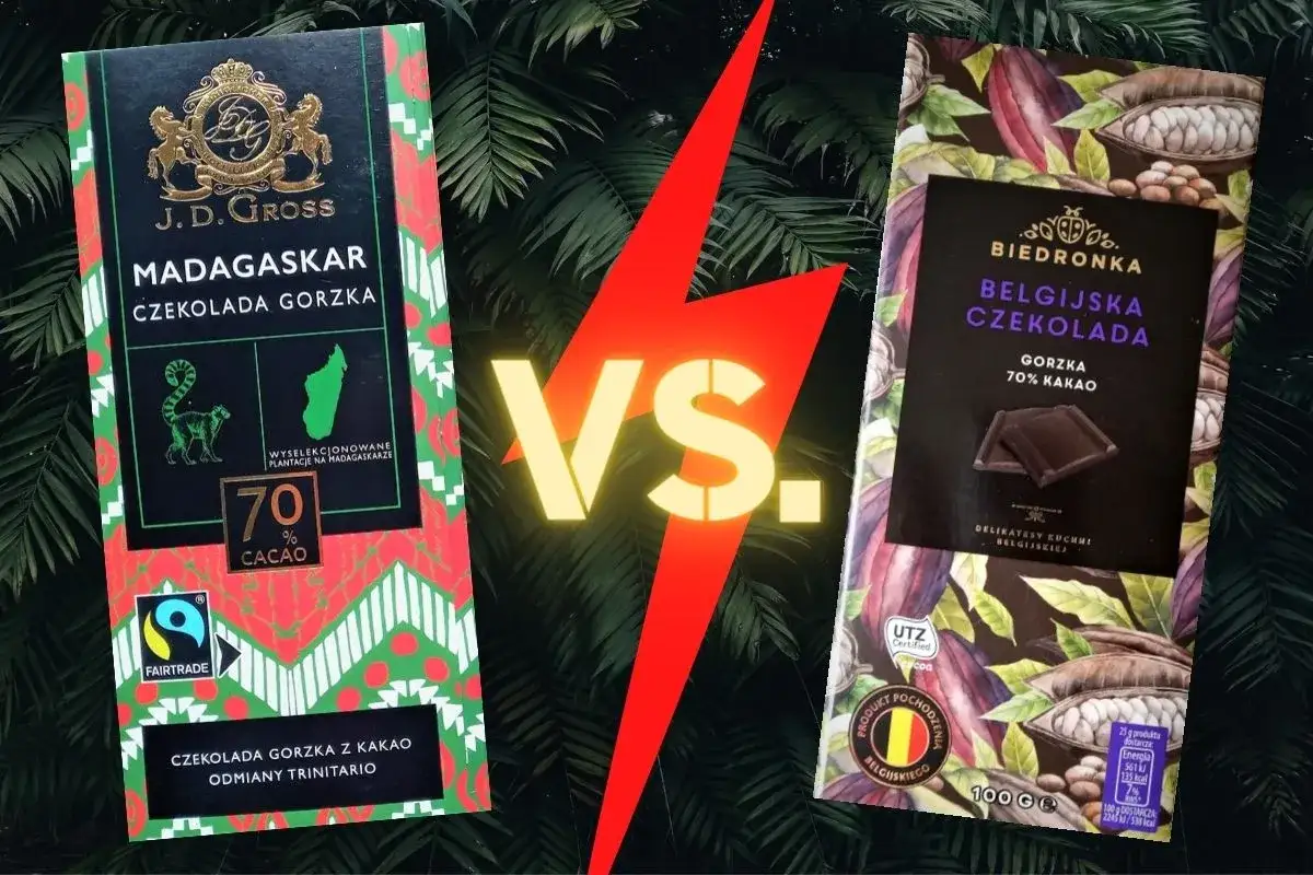 Dwie tabliczki gorzkiej czekolady: J.D. Gross Madagaskar 70% Cacao i Biedronka Belgijska Czekolada 70% Kakao.