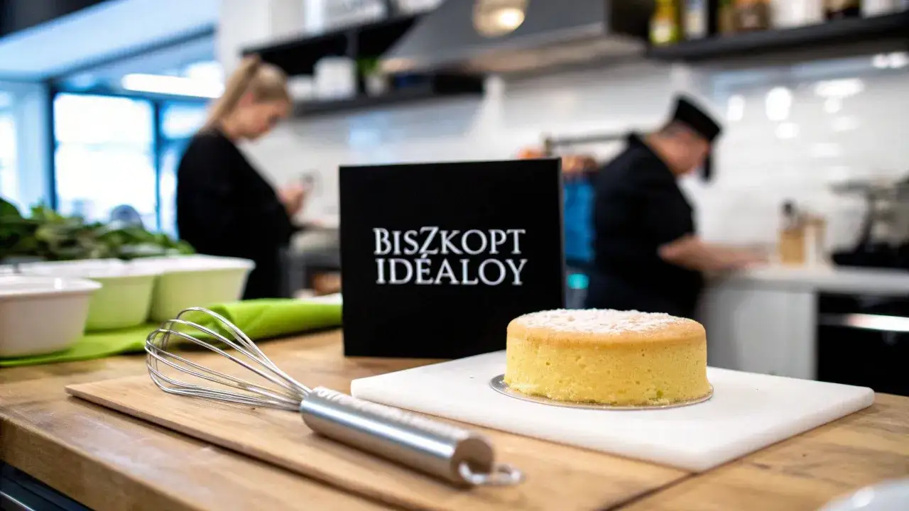 Idealny biszkopt na tort, puszysty i lekki, gotowy do dekoracji. Obok trzepaczka i czarna tabliczka z napisem