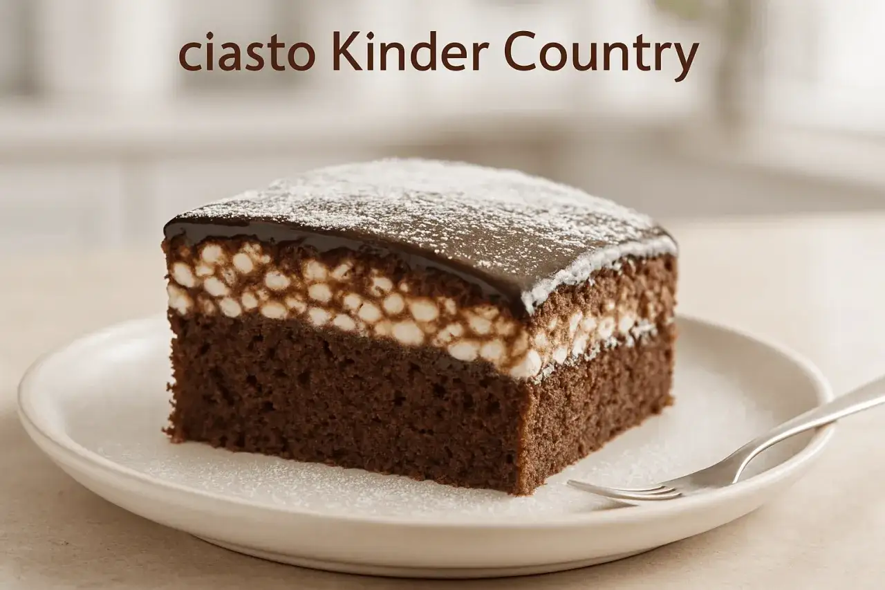 Pyszne ciasto Kinder Country na dużą blachę, z czekoladowym biszkoptem, kremem i polewą.