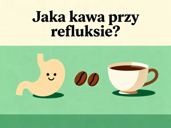 Uśmiechnięty żołądek, ziarna kawy i filiżanka kawy na zielonym tle.