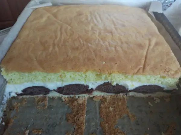 Ciasto pawie oczko z kremem i czekoladowymi kropkami, gotowe do krojenia.